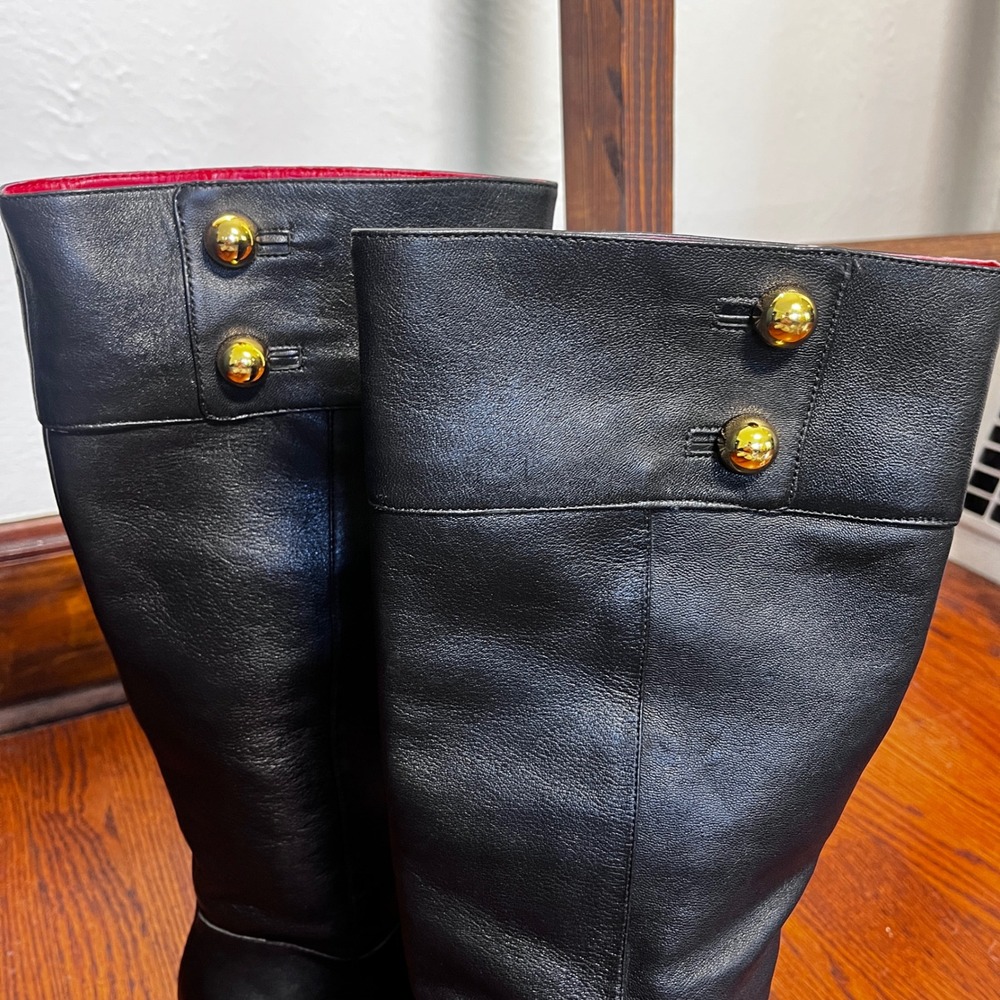 Kate Spade New York Black Leather Tall Boots Gold Button Red Lining 8M Brazil - Picture 4 of 12